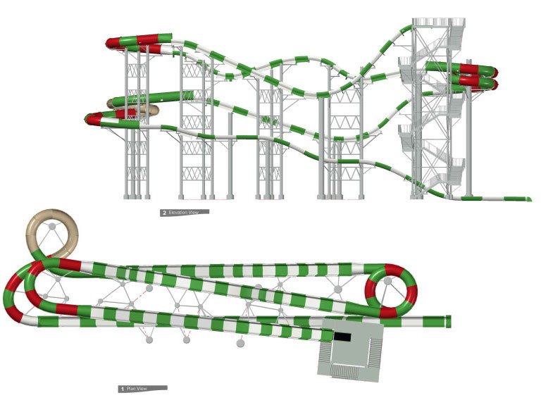Water park slide render showing top and side views